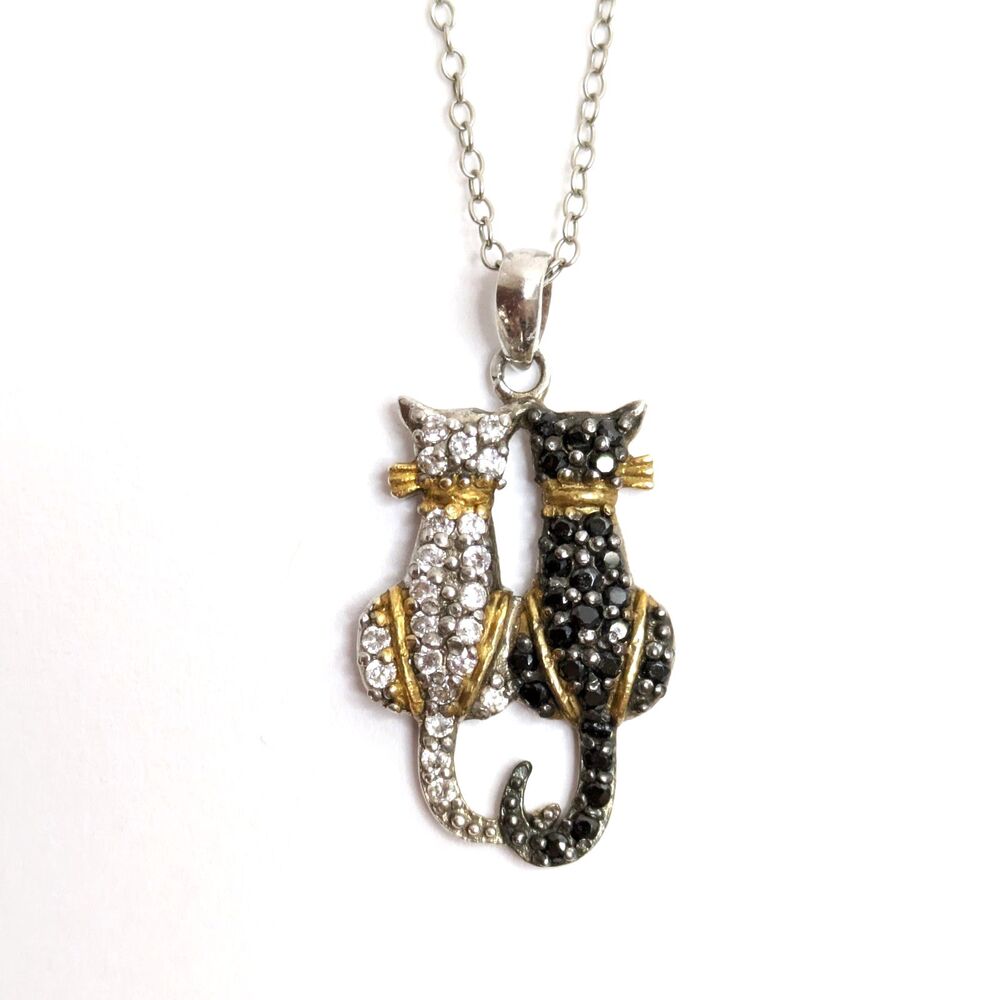 925 Sterling Silver Black & White CZ Cat Couple Pendant Necklace - 18" Chain